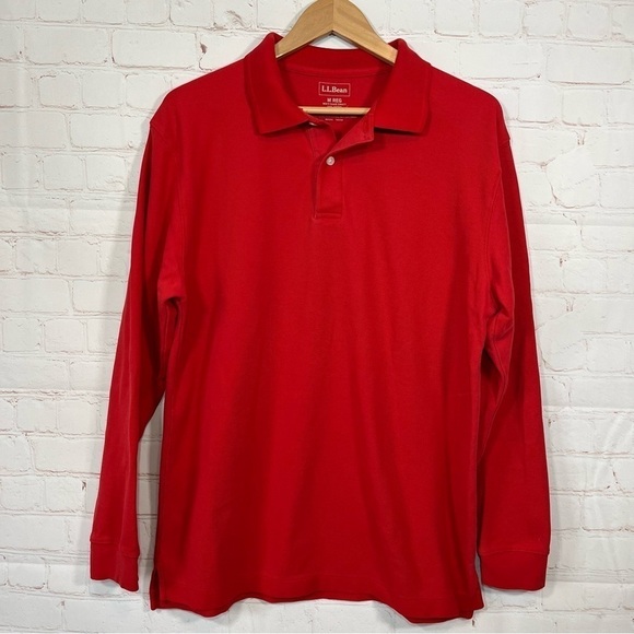 LL Bean Polo Shirt Mens Medium Regular Red Long Sleeve Rugby Collared - Picture 1 of 10